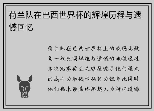 荷兰队在巴西世界杯的辉煌历程与遗憾回忆